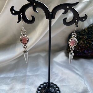 Genuine Strawberry quartz pink crystal sphere silver stainless steel earrings